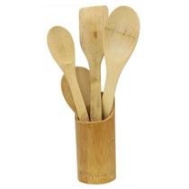 Kit utensílios colher de bambu com suporte de bambu