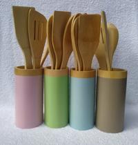 Kit Utensílios Colheres De Bambu Soft Color 4 Pçs -Fratelli