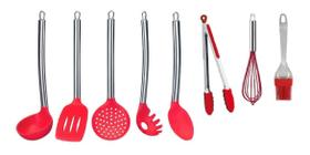 Kit Utensílios Colheres Silicone Vermelho Cabo Inox Cozinha 8 Peças