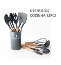 Kit Utensílios Cozinha 12 Peças Silicone Cabo Madeira Kit Utensílios Cozinha 12 Peças Silicone Cabo Madeira