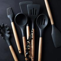 Kit Utensilios Cozinha 12 Peças Silicone e Madeira Antiaderente Jogo Conjunto Concha Escumadeira Otimo Presente Top - BALI