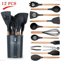 Kit Utensilios Cozinha 12 Peças Silicone e Madeira Antiaderente Jogo Conjunto Concha Escumadeira Otimo Presente Top