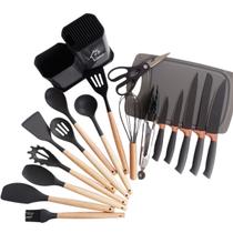 Kit Utensílios Cozinha 19 Peças Completo Silicone E Madeira