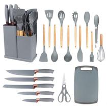 Kit Utensílios Cozinha 19 Peças Completo Silicone E Madeira