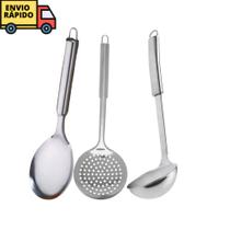 Kit Utensílios Cozinha 3 Peças Colher De Arroz E Concha De Feijão E Escumadeira De Frituras