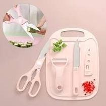 Kit Utensílios Cozinha 4 Peças Faca Inox Tesoura Descascador Cortador Tábua Preparo Alimento Legume