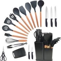 Kit Utensílios Cozinha Completo 19 Peças Silicone Com Tábua