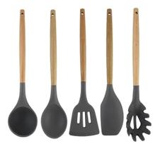 Kit Utensílios Cozinha Concha Colher Silicone Cabo Madeira