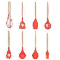 Kit Utensílios Cozinha Em Silicone Cabo Em Bambu 8 Peças