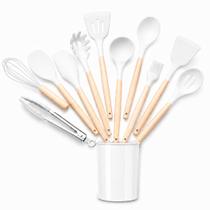 Kit Utensílios Cozinha Silicone 12 Peças Antiaderente com Suporte e Cabo de Madeira Kit Utensílios Cozinha Silicone 12 Peças Antiaderente com Suporte e Cabo de Madeira