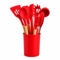 Kit Utensílios Cozinha Silicone 12 Peças Antiaderente com Suporte e Cabo de Madeira
