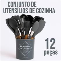 Kit Utensílios Cozinha Silicone Cabo Madeira 12 Peças Preto