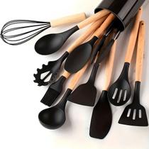 Kit Utensílios Cozinha Silicone e Bambu 12 Peças Preto - Genérica