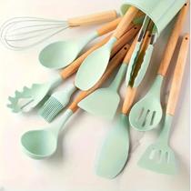 Kit Utensílios Cozinha Silicone e Bambu 12 Peças Verde - Genérica
