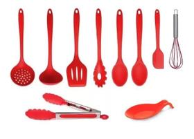 Kit Utensílios Cozinha Silicone Maciço Vermelho Colheres 10pçs Kit Utensílios Cozinha Silicone Maciço Vermelho Colheres 10pçs