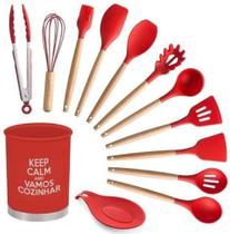 Kit Utensílios Cozinha Silicone Madeira Espátula Pegador Vermelho 13 Peças Unyhome SU201322