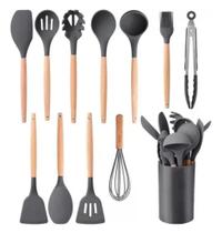 Kit Utensílios Cozinha Talher Silicone 12 Peças Cabo Madeira