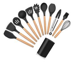 Kit Utensílios Cozinha Talher Silicone 12 Peças Cabo Madeira