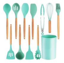 Kit Utensílios Cozinha Talher Silicone 12 Peças Cabo Madeira Verde