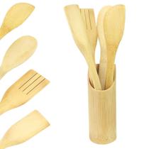 Kit Utensílios Culinário de Bambu Com Suporte - 5 Peças Kit Utensílios Culinário de Bambu Com Suporte - 5 Peças