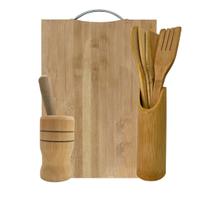 Kit Utensílios de Bambu com Tábua de Corte e Pilão