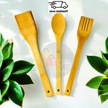 Kit Utensílios De bambu Para Cozinha 3 Pçs Colher Espátula E Garfo Kit Utensílios De bambu Para Cozinha 3 Pçs Colher Espátula E Garfo