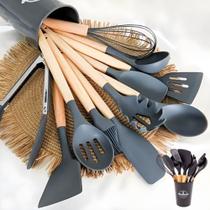 Kit Utensilios De Cozinha 12 Pcs Cabo Madeira E Silicone