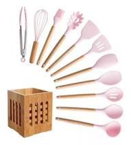 Kit Utensílios De Cozinha 12 Peças Silicone Cesto Bambu