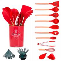 Kit Utensílios de Cozinha 15 peças Em Silicone com Cabo de Madeira e Balde Organizador