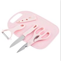 Kit Utensílios de Cozinha 4 Peças Tábua de cortar Faca Fruta Tesoura e Descascador