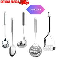 Kit Utensílios de Cozinha 5 Peças 100% Inox Jogo Talheres 1 Colher Arroz 1 Escumadeira 1 Concha 1 Pegador Massa e 1 Amassador Batata Kit Utensílios de Cozinha 5 Peças 100% Inox Jogo Talheres 1 Colher Arroz 1 Escumadeira 1 Concha 1 Pegador Massa e 1 Amassador Batata