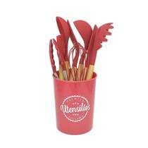 Kit Utensílios de Cozinha 9 Peças Silicone Cabo Madeira com Suporte Kit Utensílios de Cozinha 9 Peças Silicone Cabo Madeira com Suporte