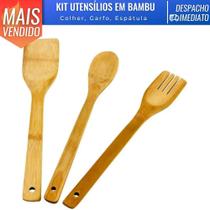 Kit Utensílios de Cozinha Bambu 3 Peças Colher Garfo Espátula