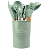 Kit Utensílios De Cozinha Cabos em Madeira e Silicone 11 Peças + Pote Organizador - Premium - Verde Claro Kit Utensílios De Cozinha Cabos em Madeira e Silicone 11 Peças + Pote Organizador - Premium - Verde Claro