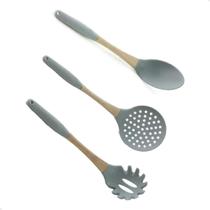 Kit utensilios de cozinha colher p/ espaguete escumadeira em silicone cabo madeira - MIMO