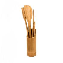 Kit Utensílios De Cozinha Colheres De Bambu Com Suporte
