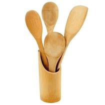 Kit Utensílios de Cozinha Em Bambu 5 Peças Com Suporte-