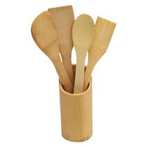 Kit Utensílios de Cozinha Em Bambu 5 Peças Com Suporte Decoração Kit Utensílios de Cozinha Em Bambu 5 Peças Com Suporte Decoração