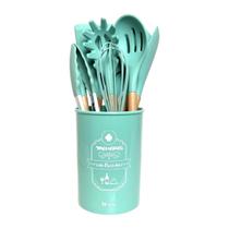 Kit Utensílios De Cozinha Em Silicone C/Cabo Madeira 12Pçs - KE HOME