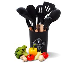 Kit Utensílios De Cozinha Em Silicone Cabo De Madeira Conjunto 12 peças