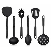 Kit Utensílios de Cozinha Nylon 6 Peças Preto Colher Concha Espátula Pegadores
