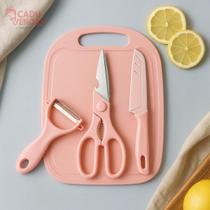 Kit Utensílios de Cozinha Rosa com Faca Tesoura Descascador e Tábua de Corte Prática 4 Peças