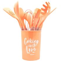 Kit Utensílios De Cozinha Silicone 12 peças e Suporte Cesto Porta Talheres Escumadeira Concha Espátula Colher