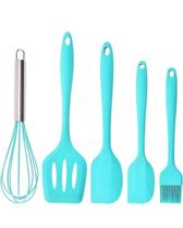 Kit Utensílios de Cozinha Silicone 5 Peças com Fue Espátula, Colher e Batedor Antiaderente Resistente ao Calor Cor:Azu