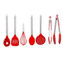 Kit Utensílios De Cozinha Silicone Com Inox 7 Peças Vermelho