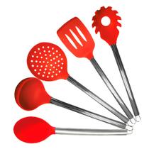 Kit Utensílios De Cozinha Silicone Com Inox e Acrílico 5 Peças Vermelho Jogo de Cozinha Versátil Kit Utensílios De Cozinha Silicone Com Inox e Acrílico 5 Peças Vermelho Jogo de Cozinha Versátil