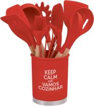Kit Utensílios De Silicone Cinza Com Cabo Madeira E Copo