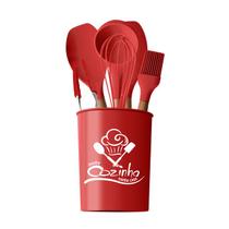 Kit utensílios de silicone com cabo de madeira vermelho 7 peças