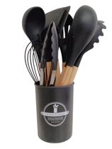 Kit Utensílios de Silicone com Cabo Madeira e Pote 12 Peças Kit Utensílios de Silicone com Cabo Madeira e Pote 12 Peças