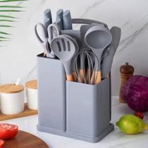 Kit Utensílios de Silicone e Cabo de Madeira 19 Peças com Suporte